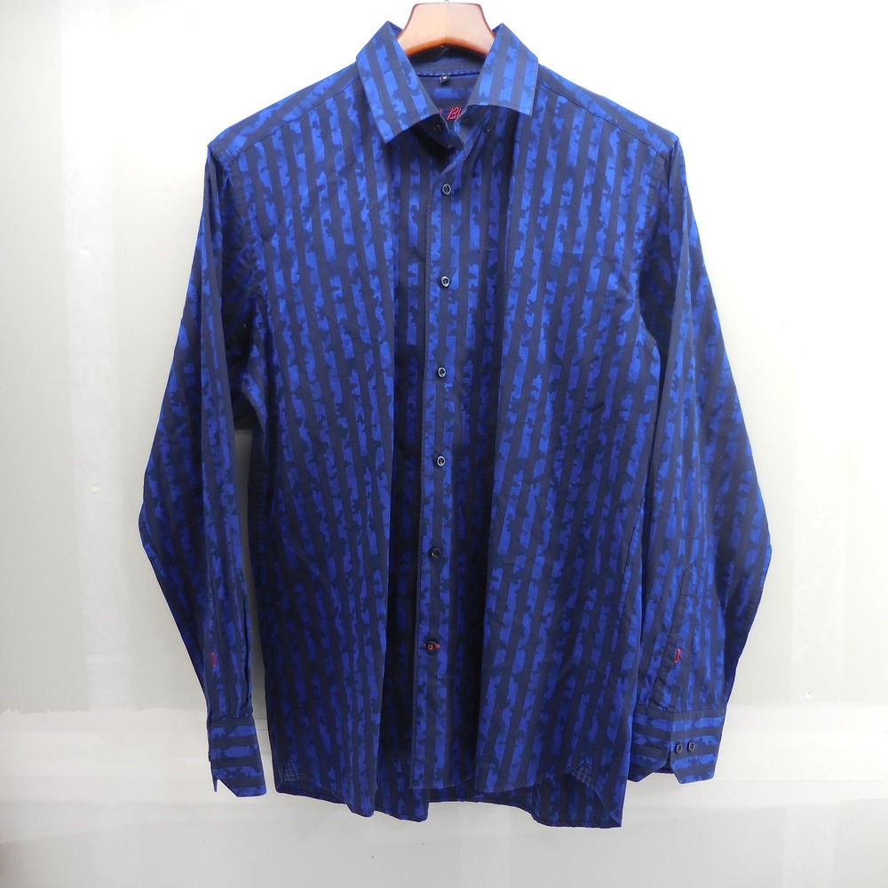 Visconti Black Mens Medium Blue Black Striped Cotton Button Down Shirt Turkey